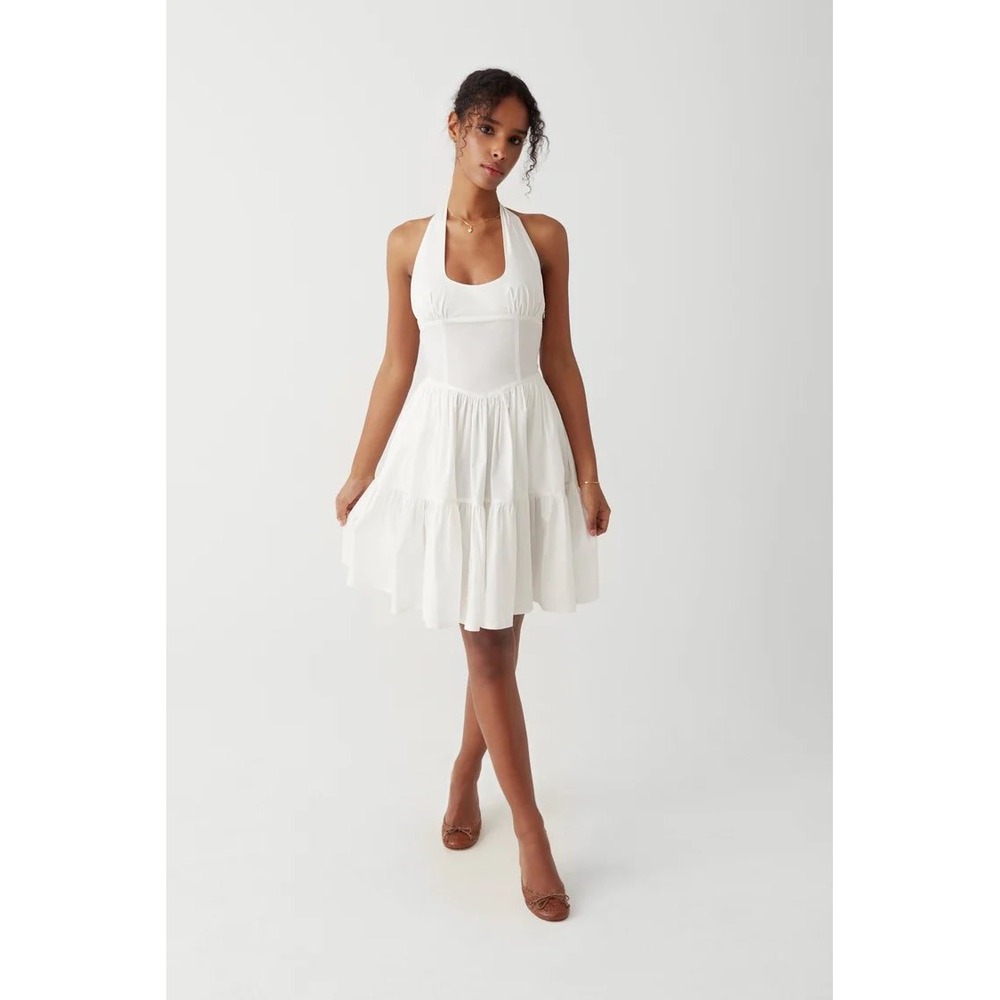 Frankies Bikinis Tulsa Halter Midi Dress White Cotton Tiered Ruffle Open Back